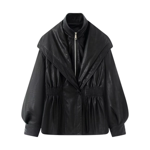 Women's black faux leather jacket with double-layered collar and cinched waist design