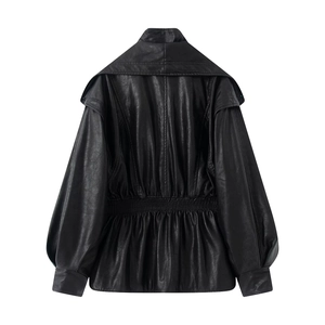 Back view of black faux leather jacket featuring double layer collar and cinched waist
