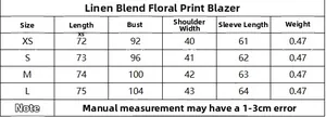 Size chart table for floral print linen blend blazer showing XS to L measurements