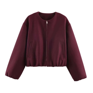Women's burgundy flight jacket with zipper closure and elastic hem in high quality fabric