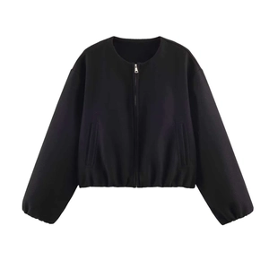 Women's black soft bomber jacket with silver zipper and elastic cuffs on white background