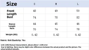 Size chart table for brown off-shoulder knit top showing measurements for S M and L