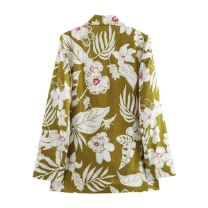 Linen blend floral print blazer for women in olive green with tropical leaf pattern back view