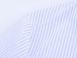 Macro shot showing blue and white striped poplin fabric texture and shoulder seam detail