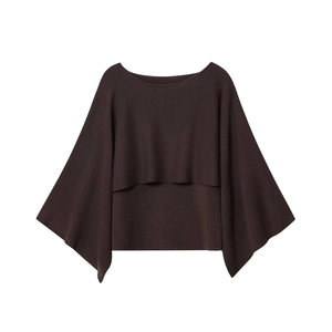 Elegant Women Dark Brown Boat Neck Knit Top Layered Design Long Sleeve Loose Pullover Jumper Minimalist Solid Color Sweater