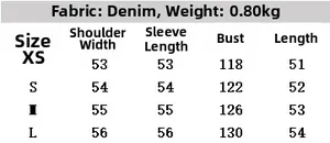Detailed size chart for women's denim jacket including shoulder and bust measurements