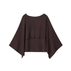 Brown off-shoulder oversized knit sweater with layered batwing sleeve design