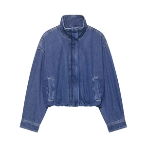 Women's Casual Loose Denim Jacket Stand Collar Zip Up Raglan Sleeve Washed Denim Outerwear Fashion Blue Jacket For Women
