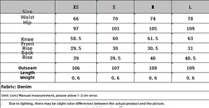 Detailed size chart for women's low-waist baggy straight jeans with measurements