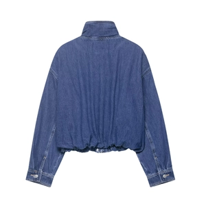 Classic dark blue denim jacket for women featuring a stand collar and elasticated hemline
