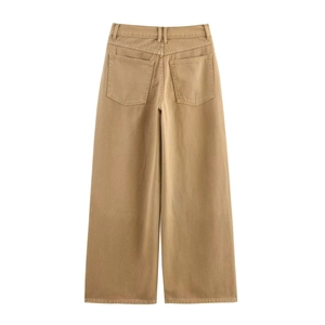 Women's low waist loose casual straight leg jeans in tan khaki from back view