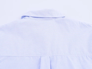 Detail view of a blue and white striped poplin shirt showing the collar and back pleat