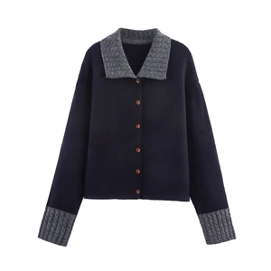 Navy blue and grey contrast striped knit cardigan with polo collar and buttons