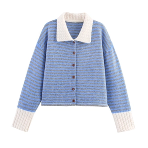 Women Striped Knit Cardigan Contrast Lapel Collar Long Sleeve Button Down Loose Fit Sweater Jacket Casual Outerwear Fashion Top