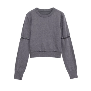 Women Casual Round Neck Knit Top Long Sleeve Button Decor Ribbed Cuffs Solid Color Streetwear Pullover Sweater Gray
