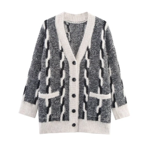 Gilet en Maille Femme Décontracté Col en V Contraste Motif Ondes Géométriques Pull Faux Mohair Avec Boutons et Poches