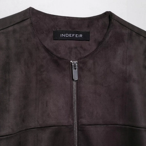 Women's vintage dark brown faux suede jacket with round neck and silver front zipper