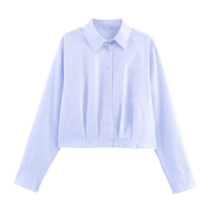 Women Casual Light Blue Striped Cropped Shirt Long Sleeve Polo Collar Pleated Waist Single Breasted Fashion Blouse Top