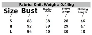 Size chart for V-neck short knit top showing S, M, L dimensions and fabric weight data