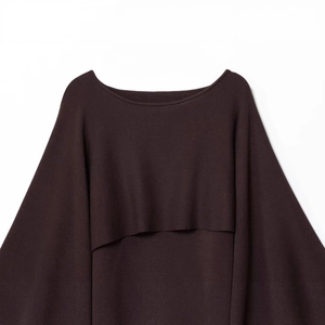 Deep brown knitted off-shoulder top for women with layered overlap detail and loose fit