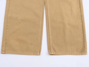 Close-up of double-stitched khaki cotton twill hem on wide-leg relaxed denim trousers