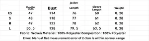 Size chart for animal print blazer and trousers set with measurements in centimeters