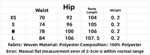 Size chart for high waist animal print trousers with XS to L measurements and material info
