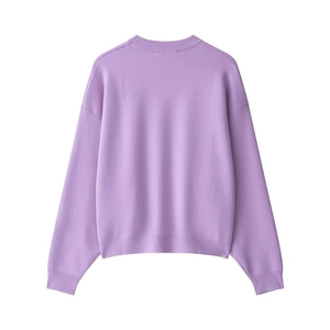 Detail view of back of lavender purple ribbed knit sweater with drop shoulder design
