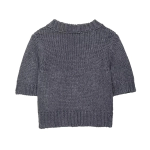 Women's charcoal grey V-neck short-sleeved knit cardigan with ribbed cuffs and hem