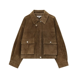 Women Faux Suede Bomber Jacket Loose Retro Lapel Outwear With Large Pockets Solid Color Long Sleeve Casual Chic Fashion Coat