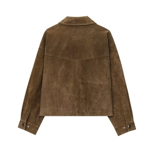 Brown faux suede bomber jacket for women featuring a minimalist back seam design and snap cuffs