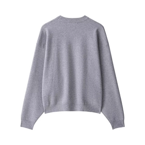 Detailed back view of grey ribbed knit sweater with dropped shoulders and round neck