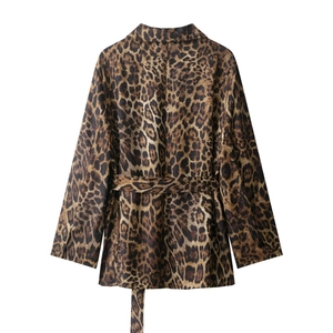 Rear view of animal leopard print blazer jacket with matching waist belt detail