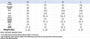 Size chart for women's tweed jacket showing measurements in cm and fabric details