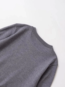 Detailed close-up of grey knit sweater showing ribbed crew neck and fine fabric texture