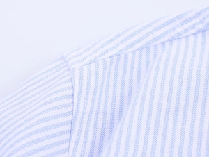 Macro detail of blue striped shirt showing shoulder seam and woven fabric texture