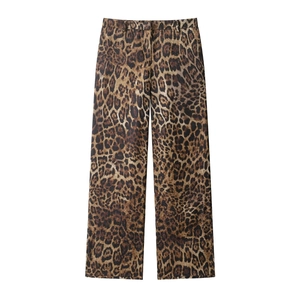 Women's leopard print straight-leg trousers with glossy fabric and high waist design