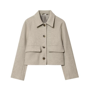 Women's Elegant Short Woolen Blend Jacket Lapel Collar Single Breasted Coat Oatmeal Color Casual Long Sleeve Outerwear Top