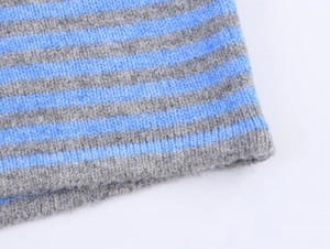 Detailed macro view of the blue and grey striped knit texture on sleeve cuffs