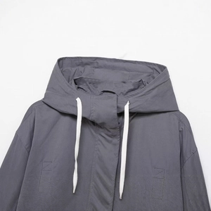 Grey hooded jacket with white drawstring and dropped shoulders, two-piece casual set