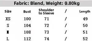 Size chart table for loose cropped windbreaker jacket with sleeve and bust measurements