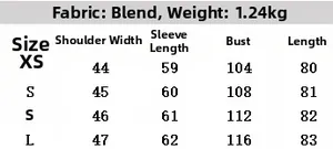 Detailed size chart for faux suede long trench coat with belt including XS to L measurements