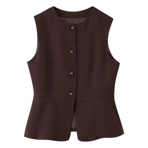 Detail of deep brown peplum vest showing round neck and single-breasted button closure
