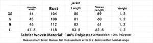 Detailed size chart for faux suede coat showing shoulder, chest, length, and sleeve measurements