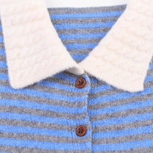 Blue and grey striped knit cardigan with contrast cable knit collar and button detail