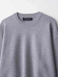 Detailed macro view of the ribbed knit fabric and round neckline of a grey sweater