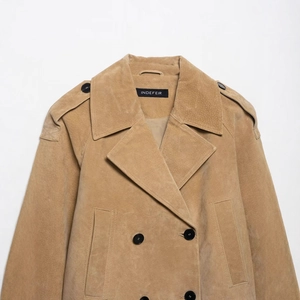 Women's camel faux suede cropped trench jacket with double-breasted buttons and lapels