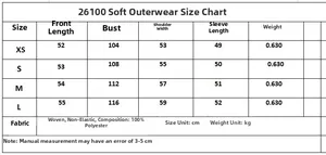 Detailed size chart for the soft bomber jacket with 100 polyester measurements in centimeters