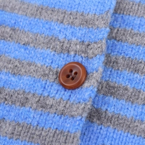 Women's blue and grey striped knit cardigan with textured fabric and resin button