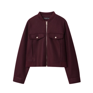 Women's burgundy zippered short wool jacket with silver metal snap pockets